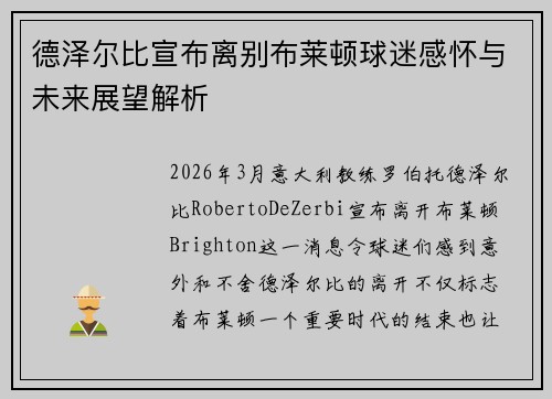 德泽尔比宣布离别布莱顿球迷感怀与未来展望解析