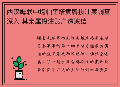 西汉姆联中场帕奎塔黄牌投注案调查深入 其亲属投注账户遭冻结